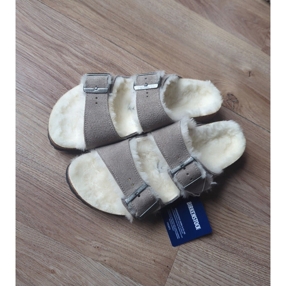 Birkenstock Arizona Stone Grey Fur Shearling Suede Sandals - Picture 9 of 14